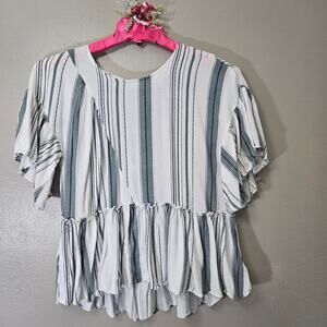 Moon River Striped Peplum Blouse M Boho V-Neck Buckle Back Cream/Grey Cottage